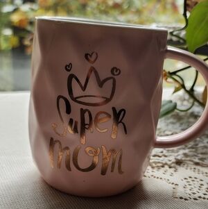 Pink Super Mom Mug with Gold Accents